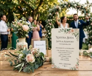 Fotografía enfocando un programa de bodas en color blanco con letras y flores y de fondo una pareja de recién casados.