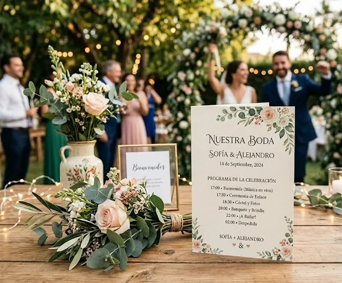 Fotografía enfocando un programa de bodas en color blanco con letras y flores y de fondo una pareja de recién casados.